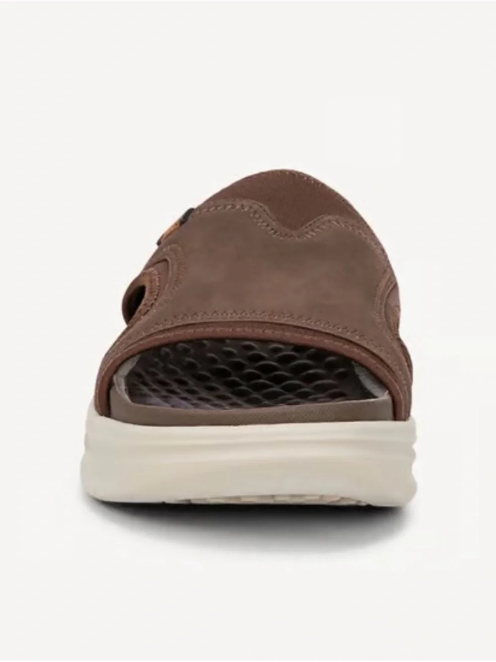 Brand New Mens…..Dr. Scholl's Brown Leather Slide Sandals with Cream Sole